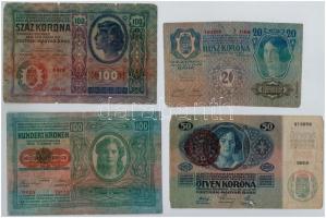 1912-1915. 8db-os vegyes magyar korona bankjegy tétel, közte több felülbélyegzett T:III,III-,IV ragasztott