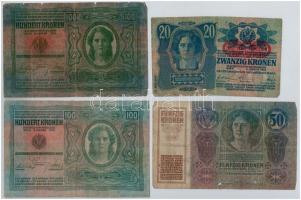 1912-1915. 8db-os vegyes magyar korona bankjegy tétel, közte több felülbélyegzett T:III,III-,IV raga...