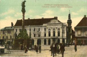 Nagyszombat, Tyrnau, Trnava; Ferenc József tér a színházzal, Bauer Károly üzlete, Szentháromság szobor. W. L. Bp. 695. / square, theater, shop, Trinity statue