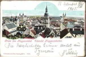 1905 Nagyszombat, Tyrnau, Trnava; látkép, templomok. A. Swidernoch 6364. Kiadja Fischer Hugo / general view, churches