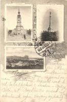 1902 Dévény, Theben a. d. Donau, Devín (Pozsony, Bratislava); Templom tér, Millenium emlékoszlop, Dévényi várrom. Kiadja Körper Károly / Devínsky hrad / Church square, monument, obelisk, castle ruins. Art Nouveau, floral