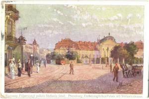 Pozsony, Pressburg, Bratislava; Főhercegi palota, Stefánia út, városi vasút / palace, street view with urban railway. B.K.W.I. 386-11. s: Marx Béla