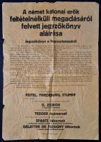 1945 Jegyzőkönyv a fegyverletételről, A német katonai erők feltételnélküli megadásáról felvett jegyzőkönyv, hirdetmény, gyűrött, 58,5x41 cm