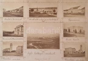 cca 1910 Igló (Spisská Nová Ves) látképei, mozaikképes fotó, Honvéd emlékmű, városház, tornacsarnok, tanítóképezde, kartonra ragasztva 17,5x23,5 cm