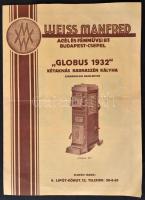 1932 Weiss Manfréd Acél- és Fémművei Rt. Globus 1932 kétaknás barnaszén kályha termékismertető prospektusa, 4p