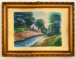 Faludy jelzéssel: Ház, tájban. Akvarell, papír. Jelzett. 16x22 cm Keretben. 24x33 cm