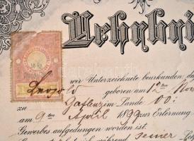 1901 Weyer, díszes osztrák kőmíves mesterlevél, 50 kr osztrák ománybélyeggel