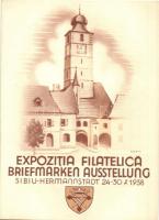 1938 Nagyszeben, Hermannstadt, Sibiu; Expozitia Filatelica / Briefmarken Ausstellung / Bélyegkiállítás reklámlapja címerrel és várostoronnyal / Stamps Exhibition advertisement card with coat of arms and city tower. s: Adam