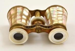 Régi gyöngyház berakásos színházi látcső, kopott bőr tokban, 9x10x6 cm