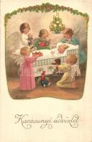 Karácsonyi üdvözlet / Christmas greeting art postcard, child with angels. A.G.B.No. 3082. litho s: Pauli Ebner  (EK)