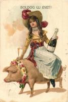Boldog Új Évet! / New Year greeting art postcard. girl riding on a pig with champagne. litho (EK)