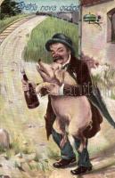 Sretna nova godina! / New Year greeting art postcard. Man with pig and champagne. R&K.L. Serie 1418.