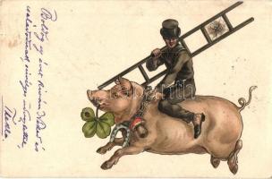 1903 New Year greeting art postcard. Chimney sweeper riding on a pig, clover, mushroom, horse shoe. litho (wet damage)