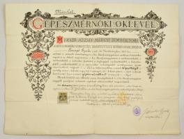 1900 M. Kir József Műegyetem díszes gépészmérnöki oklevél másolata, 1 k. okmánybélyeggel, pecsétekkel, a műegyetemi titkár aláírásával