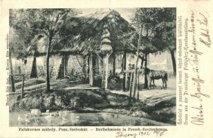 1902 Pozsony, Pressburg, Bratislava; Üdvözlet a pozsonyi tavaszi képzőművészeti kiállításból! Falukovács műhely Pozsony-Széleskút. Kozics Ede kiadása / Gruss aus der Pressburger Frühjahrs-Kunstausstellung / Greetings from the Bratislavan Spring Art Expo! Blacksmith shop in Solosnica s: Majsch Ede