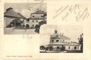 1904 Stubnyafürdő, Túróchévíz, Stubnianske Teplice, Turcianske Teplice; Zöld tükörfürdő, Erzsébet lak, kávéház. Braun Ármin kiadása / spa, villa, cafe