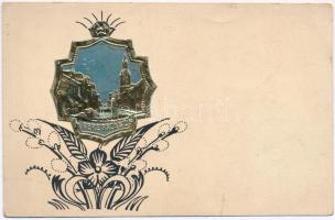 Beregszász, Berehove;  Szeiler féle Patent fémplakett a református templommal. Szeiler József dombornyomása és kiadása / Calvinist church. Emb. (szakadás / tear)