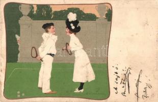 1900 Lawn-Tennis / Couple's tennis match. Meissner & Buch Künstler-Postkarten Serie 1039. litho s: B. Wennerberg (felületi sérülés / surface damage)