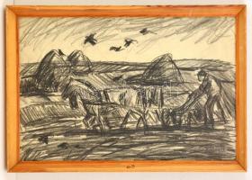 Mészáros jelzéssel: Szántás. Szén. papír. Jelzett. Üvegezett keretben. 48x34 cm