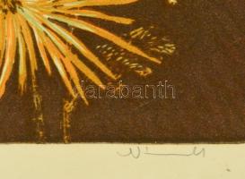 Németh András (1941-): Dália. Színes linó, papír, jelzett, 40x25 cm üvegezett keretben