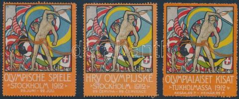 1912 Olimpia 5 db Olimpia levélzáró, mind különféle nyelven (az angol nyelvű sérült)