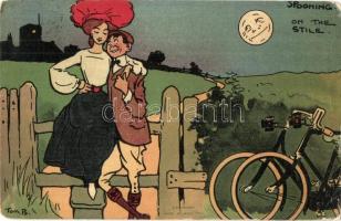 1906 Spooning on the stile. Couple with bicycles, art postcard. Davidson Bros. Serie 2572. s: Tom Browne (kopott sarkak / worn corners)