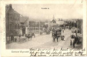 1906 Sopron, Kossuth út, feldíszített villamos magyar címerrel, Varga és Dukász üzlete, piac. Kiadja Kummert L. utóda No. 227. (r)