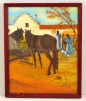 Kálmándy jelzéssel: Lovak a téren. Olaj, farost, üvegezett keretben, 48×38 cm