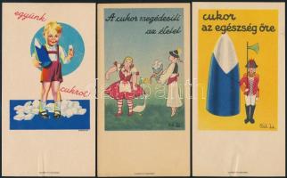 3 db cukor témájú számolócédula:  Tedesco Anna (1903-1969): Együnk cukrot,+ A cukor megédesíti az életet, +Cukor az egészség őre, Bp. Globus Rt., 7,5x14 cm x3