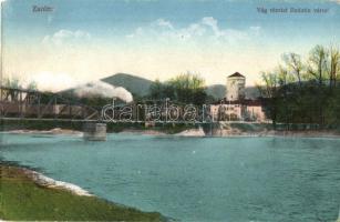 Zsolna, Sillein, Zilina; Budatin vár a Vág folyóval, gőzmozdony a vasúti hídon / Budatínsky Hrad pri Váhu / Budatín castle with river Váh, locomotive, railway bridge (EM)
