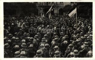 1938 Ipolyság, Sahy; bevonulás, magyar zászlók / entry of the Hungarian troops + 1938 Ipolyság visszatért So. Stpl. (Rb)