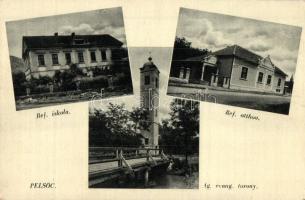 Pelsőc, Pelsücz, Plesivec - 3 db régi városképes lap: Református iskola, Református templom, Evangélikus torony, Gyógyintézet, stb. / 3 pre-1945 town-view postcards: Calvinits church and school, Lutheran tower, spa, etc.