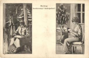 Boldog Karácsonyi Ünnepeket! / WWI Austro-Hungarian K.u.K. military Christmas greeting art postcard, soldiers on the left, family at home on the right. s: Bortnyik Sándor (EK)