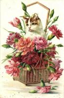 1906 Cat with flowers in a basket. Emb. litho