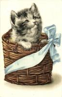 Cat in a ribboned basket. Emb. litho