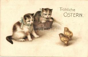 Fröhliche Ostern / Easter greeting card with cats and chickens. Amag No. 1115. litho + 1916 K.u.K. Feldpost