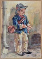 Földes Imre (1881-1948): A kis muzsikus, akvarell, papír, jelzett, üvegezett fa keretben,keret: 20x15 cm, 14,5x10,5 cm