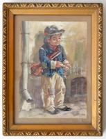 Földes Imre (1881-1948): A kis muzsikus, akvarell, papír, jelzett, üvegezett fa keretben,keret: 20x1...