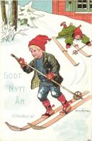 Godt Nytt Ar! / New Year greeting art postcard with skiing children, humor, sport. 490. litho s: Jenny Nyström (EK)