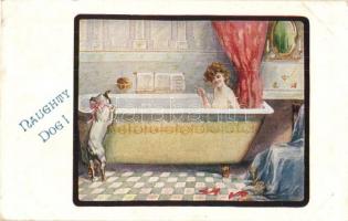 Naughty dog! Erotic postcard with nude lady in the bathtub and a peeping dog. Inter-Art Co. Art color Series No. 758. (EK)