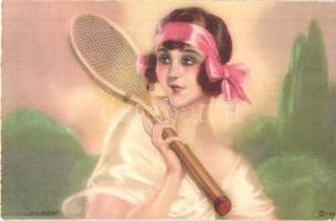 Lady with tennis racket, sport, art postcard. Meissner & Buch Kunstkarte Nr. 3201. s: Leo Fontan