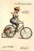 1899 Im XX. Jahrhundert / In the 20th century (in the future) art postcard with lady and dog on bicycles. E. A. Schwerdtfeger & Co. No. 3222. litho