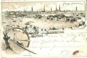 1898 Hamburg, Alster Panorama / rowing man. floral litho (small tear)