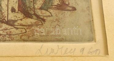 Lenkey Zoltán (1936-1983): Munkások. Színes rézkarc, papír, jelzett, üvegezett keretben, 13×10,5 cm