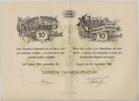 Sopron 1926. "Soproni Takarékpénztár" részvénye 10P-ről, magyar és német nyelvű, szárazpec...