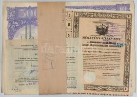 Budapest 1925. Rimamurány-Salgó-Tarjáni Vasmű Részvény-Társaság tíz részvénye egyenként 50P-ről, összesen 500P-ről (2x) sorszámkövetők, szárazpecséttel és bélyegzésekkel, szelvényekkel, mellette a Budapesti Giro- és Pénztár-egylet Részvénytársaság igazolása + 1946. A Rimamurány-Salgó-Tarjáni Vasmű Részvénytársaság részvény utalványa T:II