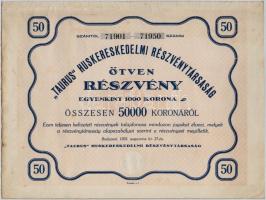 Budapest 1923. Taurus Huskereskedelmi Részvénytársaság ötven részvénye egyenként 1000K-ról, szárazpecséttel és szelvényekkel T:III- fo.