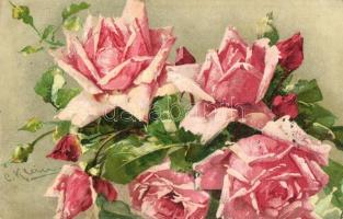 2 db RÉGI C. Klein litho virág motívumlap / 2 pre-1945 litho flower motive postcards signed by C. Kl...