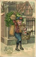 Boldog Új évet! / New Year greeting art postcard, boy with clovers. litho (fa)