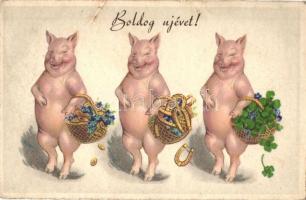 Boldog Új évet! / New Year greeting art postcard, pigs with baskets of coins, horse shoes and clovers. litho